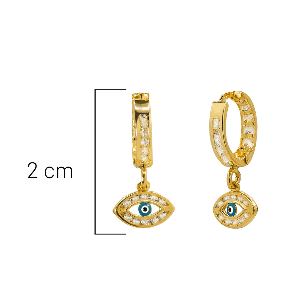 Arracada Huggies con Ojo Turco Azul y Micro Circonias Oro 10K. Oro Nacional