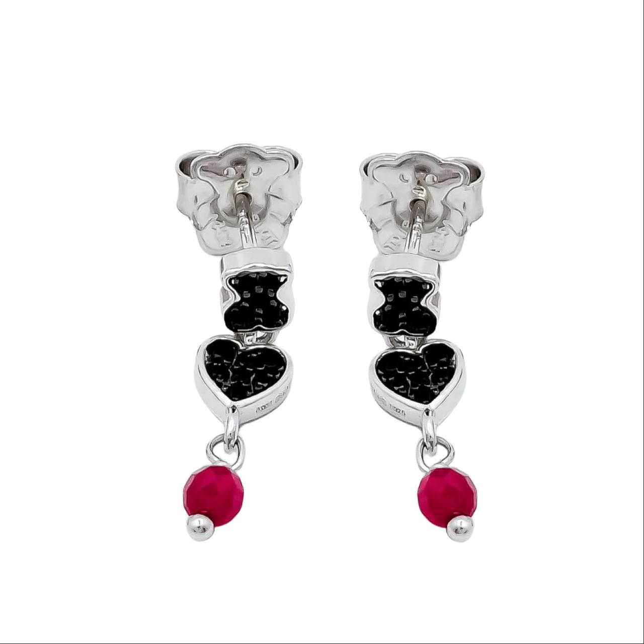 Arete Oso 1.1 Con Corazón Circonias Negras Y Ágata Rosa, Plata 925 Con Baño De Rodio