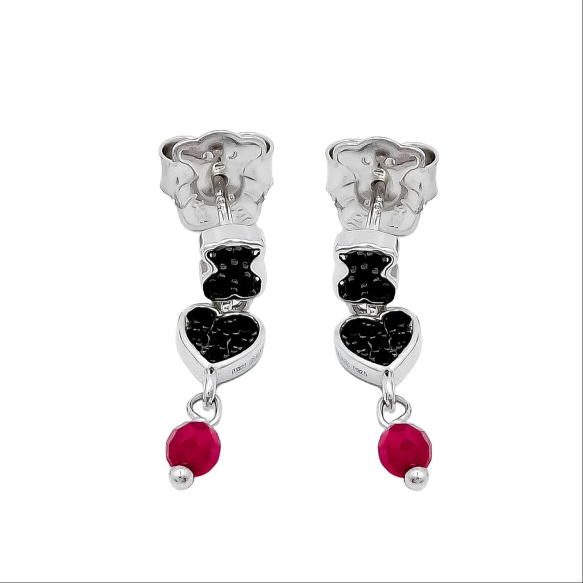 Arete Oso 1.1 Con Corazón Circonias Negras Y Ágata Rosa, Plata 925 Con Baño De Rodio