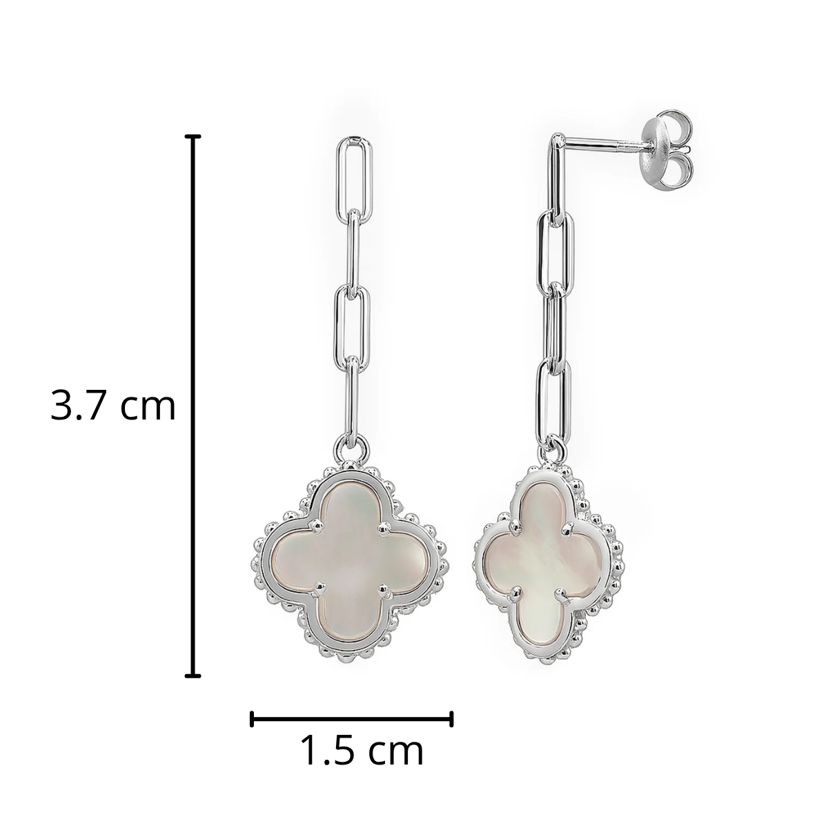 Arete Flor Largo Inspirado Van C Malaquita Verde con Cadena Paper Clip Plata .925 con Baño de Rodio