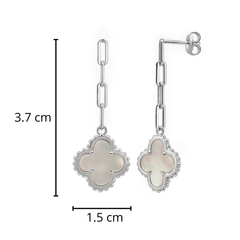 Arete Flor Largo Inspirado Van C Malaquita Verde con Cadena Paper Clip Plata .925 con Baño de Rodio