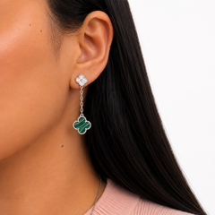 Arete Flor Largo Inspirado Van C con Micro Circonias y Malaquita Verde, Plata .925 con Baño de Rodio