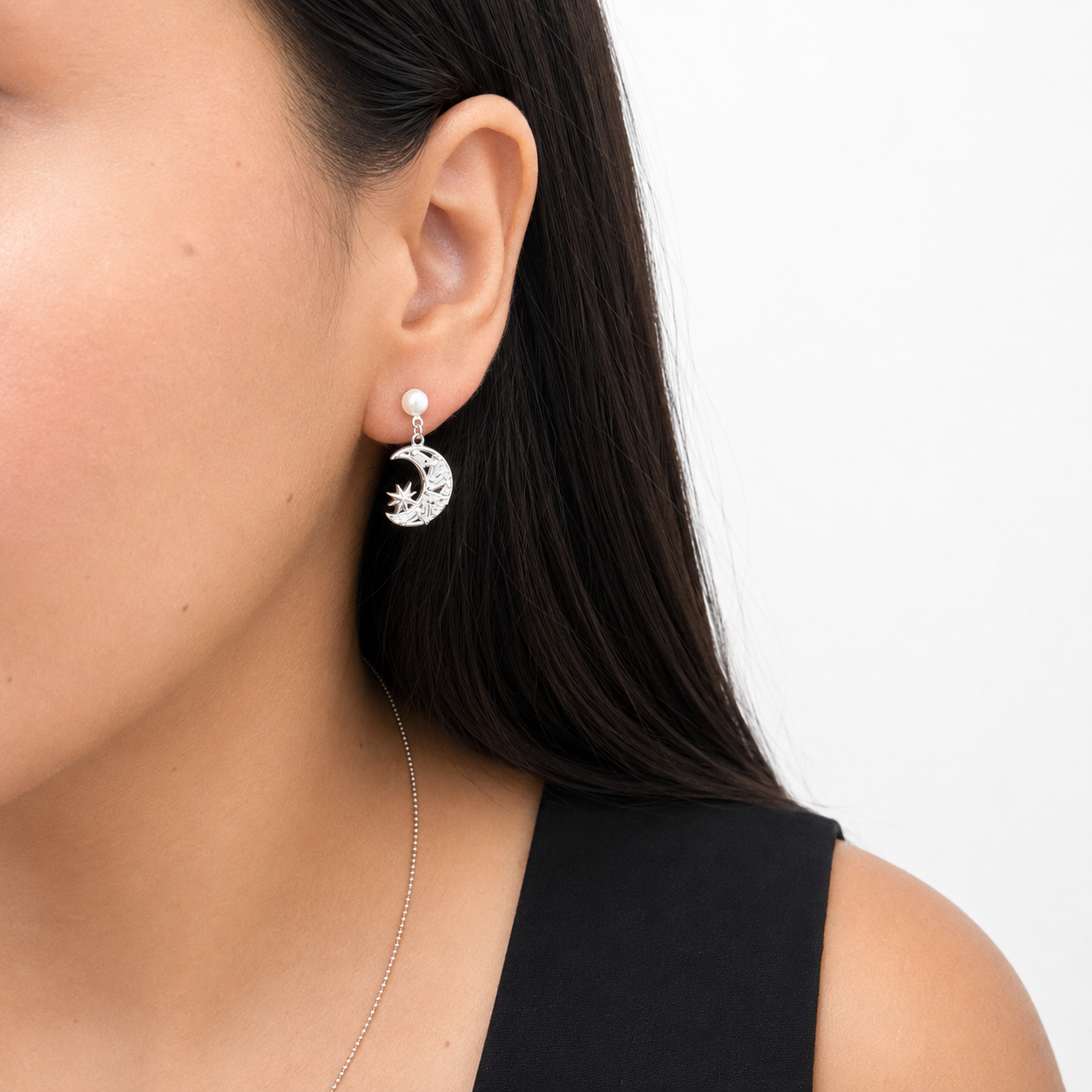 Arete Mediano Luna Y Estrella Con Circonias Y Perla Natural Plata .925
