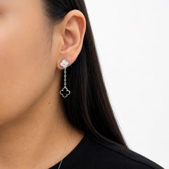 Arete Flor Largo Inspirado Van C Ónix Negro con Micro Circonias y Cadena Paper Clip Plata .925 con Baño de Rodio