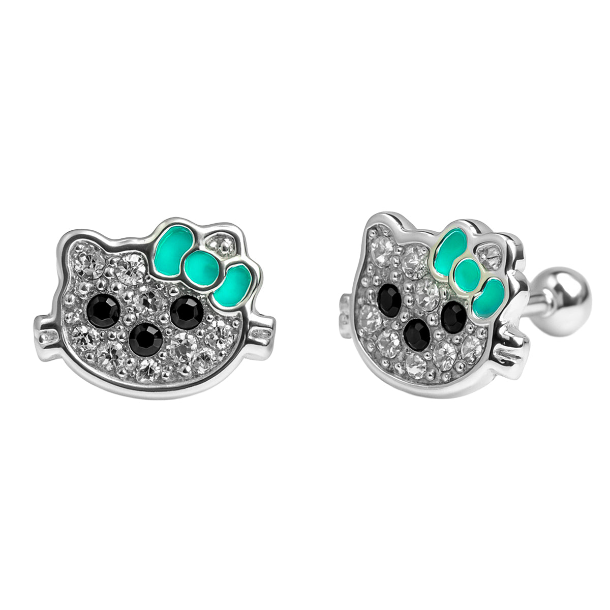 Arete Broquel Kitty con Cristales y Moño Esmaltado Plata .925