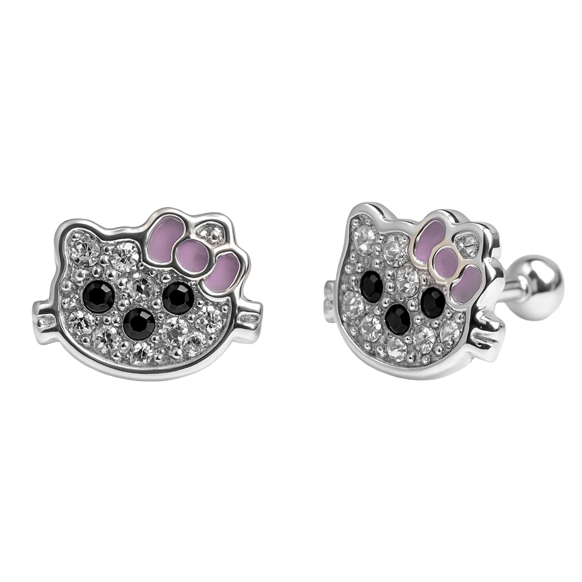 Arete Broquel Kitty con Cristales y Moño Esmaltado Plata .925