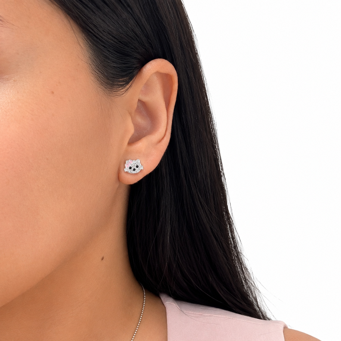 Arete Broquel Kitty con Cristales y Moño Esmaltado Plata .925