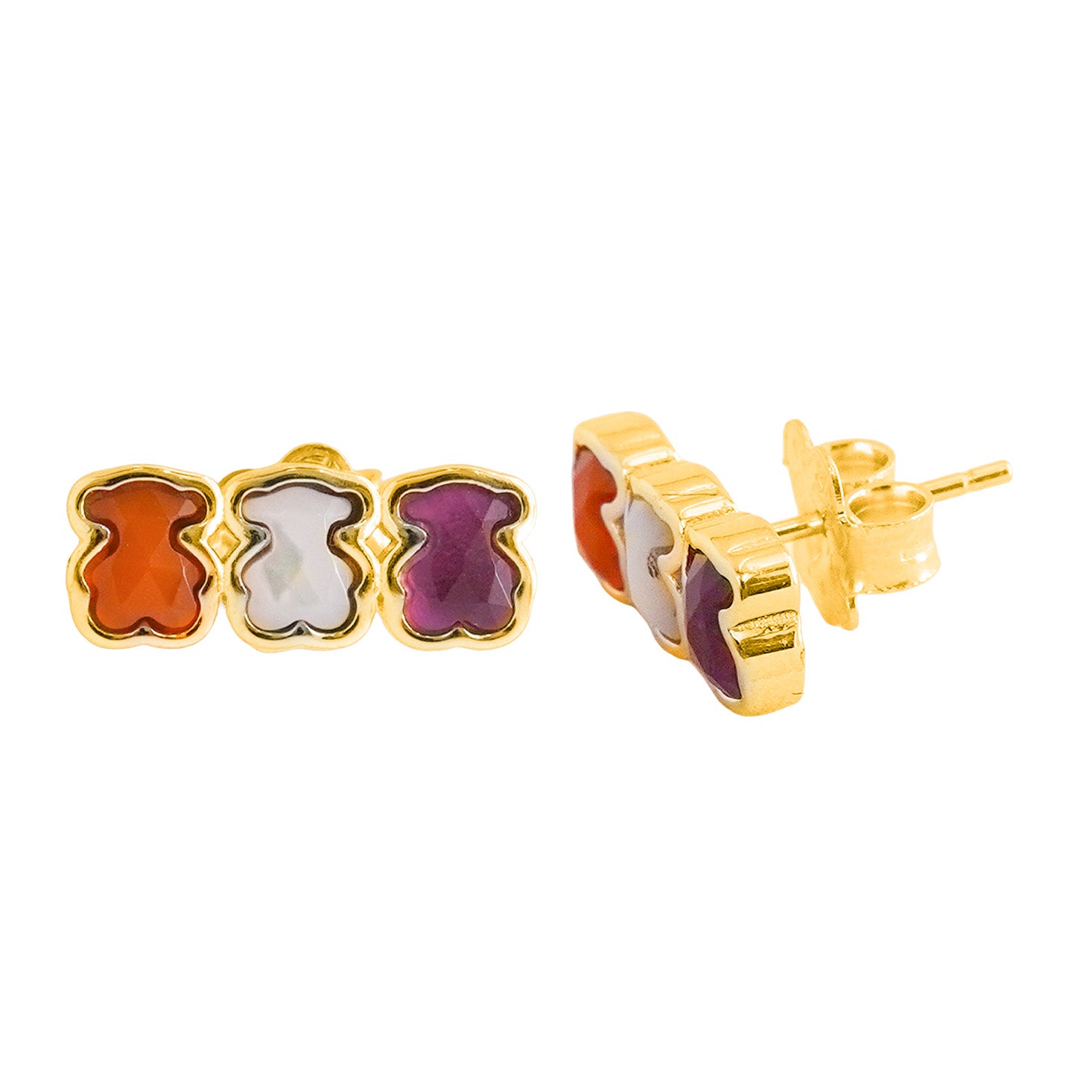 Broquel Inspirado Triple Osos 1.1 con Piedras Naturales, Ágata y Madre Perla Plata .925 con Baño de Oro 18k