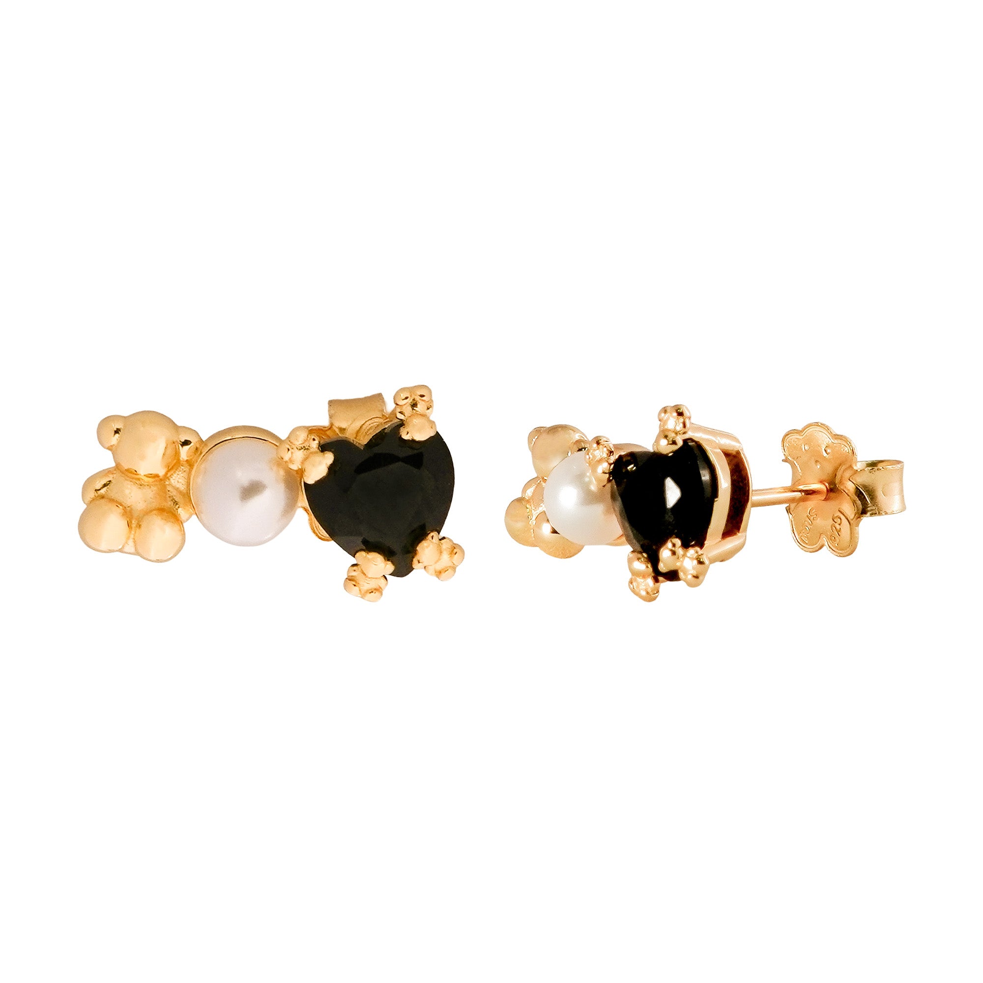Broquel Inspirado Osos 1.1 Onix, Perla Plata .925 con Baño de Oro 18k