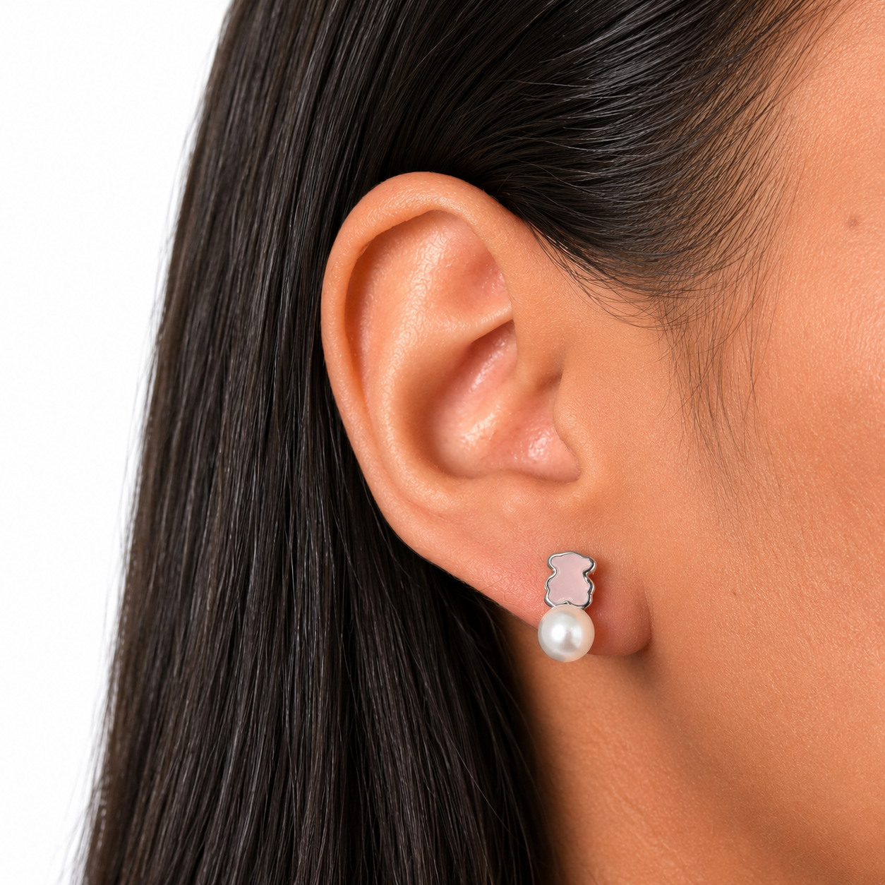 Broquel Inspirado Osos 1:1 Doble Piedra Cuarzo Rosa y Perla de Río Plata .925 con Baño de Rodio