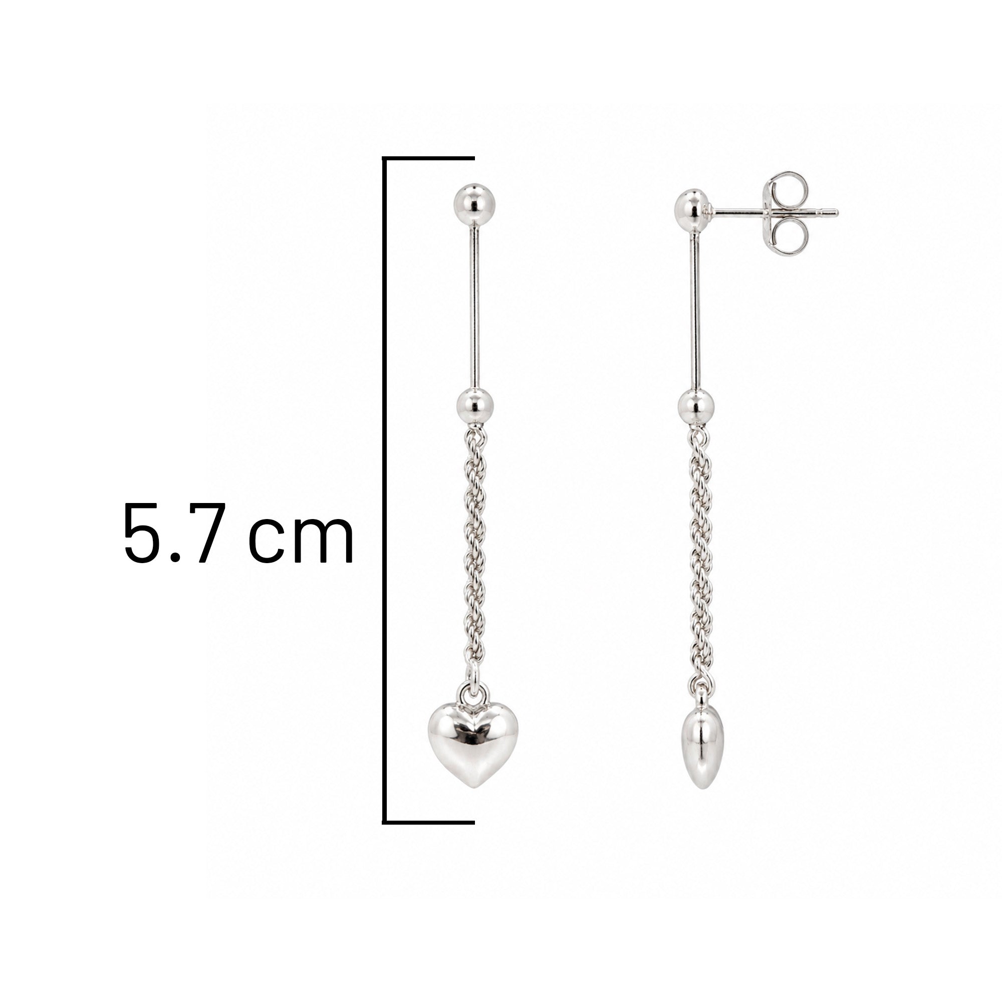 Arete Largo con Corazón y Cadena Trenzada, Plata .925