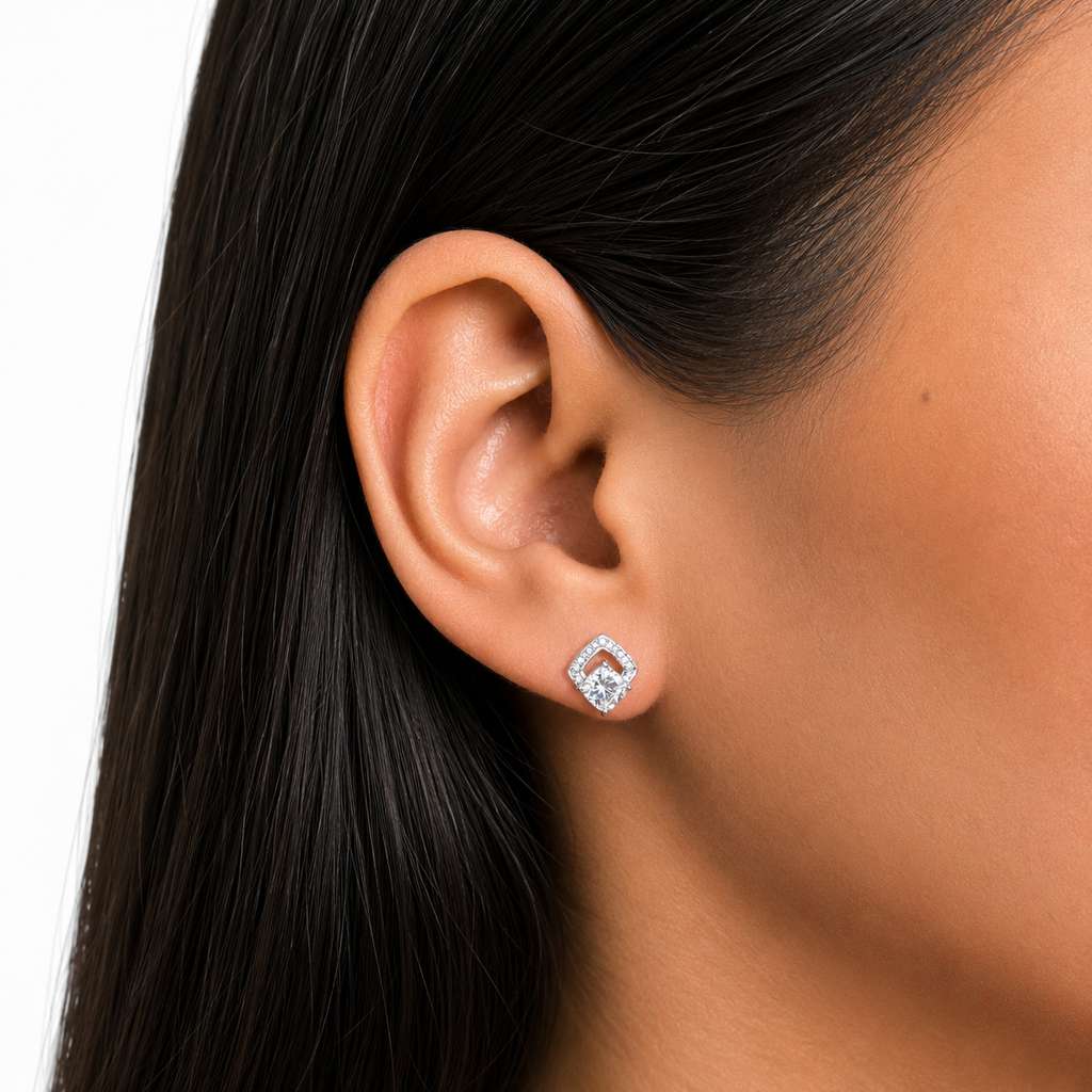 Arete Broquel Grande Doble Cuadro con Micro Circonias Plata .925 con Baño de Rodio