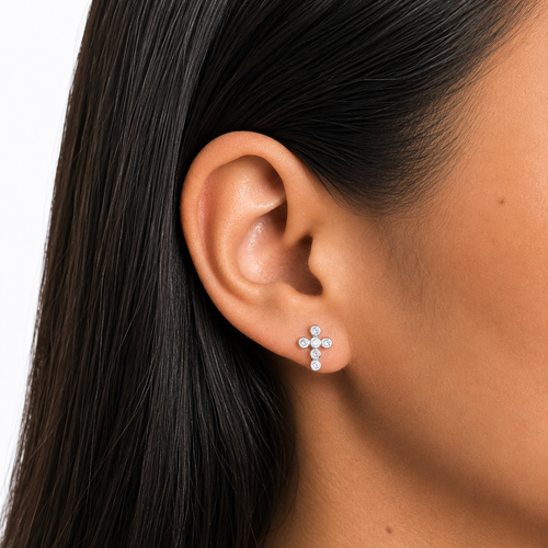 Arete Broquel Cruz con Circonias Circulares Biseladas Plata .925