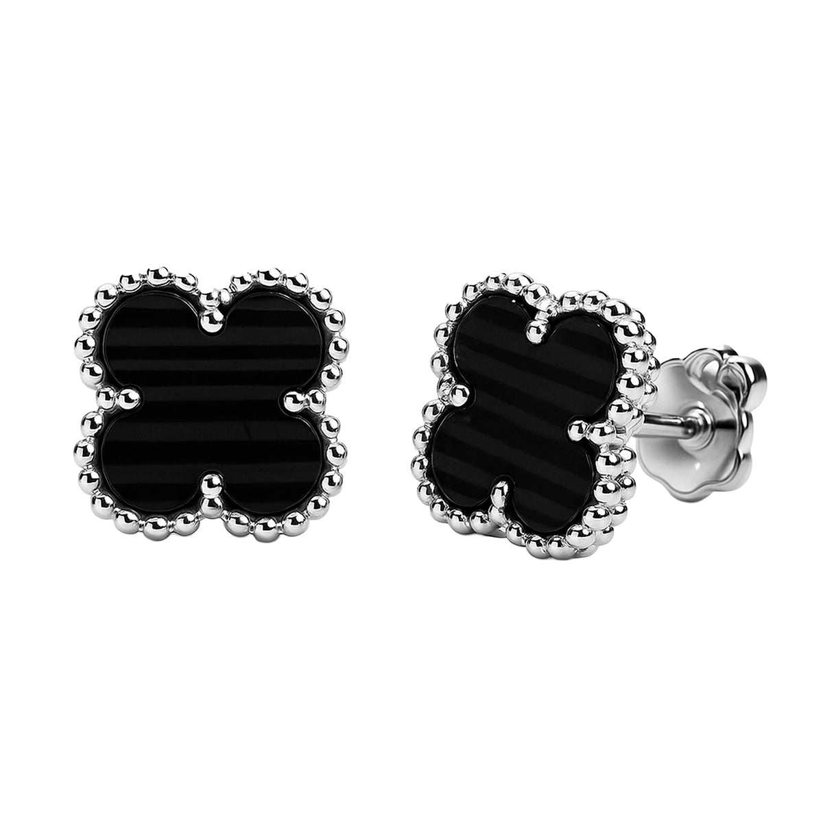 Arete Broquel Flor Grande 1.1 cm,  Inspirado Van C con Piedras Naturales Plata .925 con Baño de Rodio