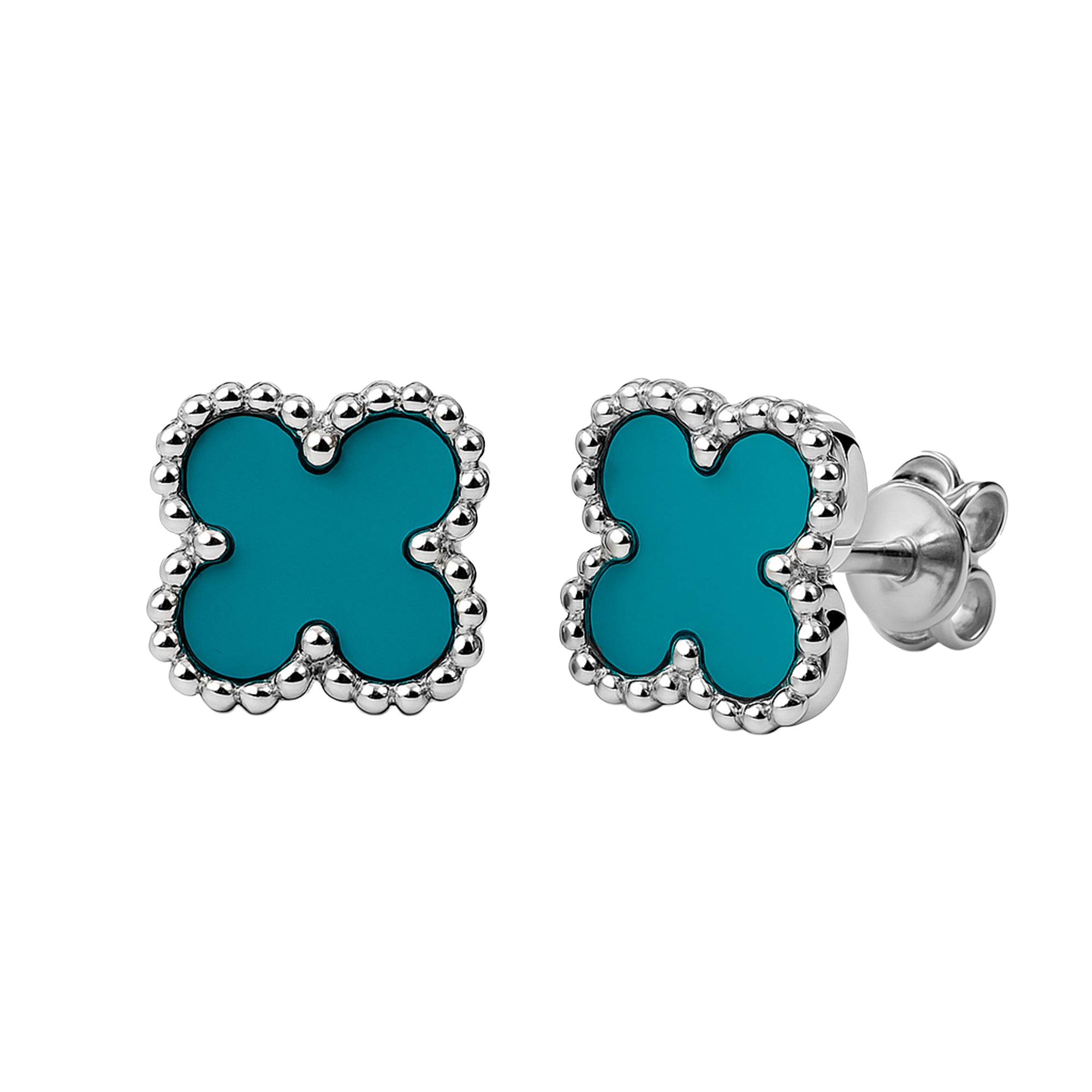 Arete Broquel Flor Grande 1.1 cm,  Inspirado Van C con Piedras Naturales Plata .925 con Baño de Rodio