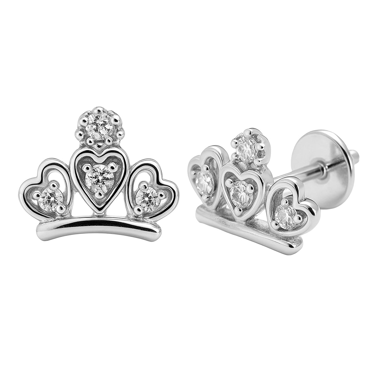 Arete Broquel Corona con 3 Corazones y Circonias Plata .925