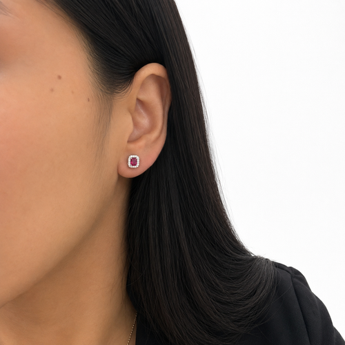 Arete Broquel Circonia Rectangular Mediana con Micro Circonias Plata .925 con Baño de Rodio
