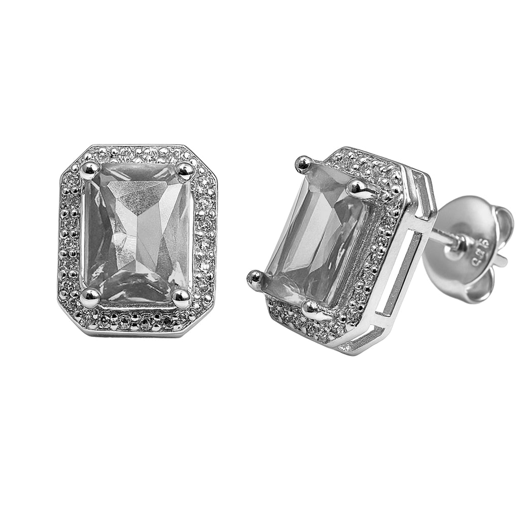 Arete Broquel Circonia Rectangular Grande con Micro Circonias Plata .925 con Baño de Rodio