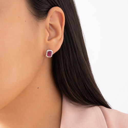 Arete Broquel Circonia Rectangular Grande con Micro Circonias Plata .925 con Baño de Rodio