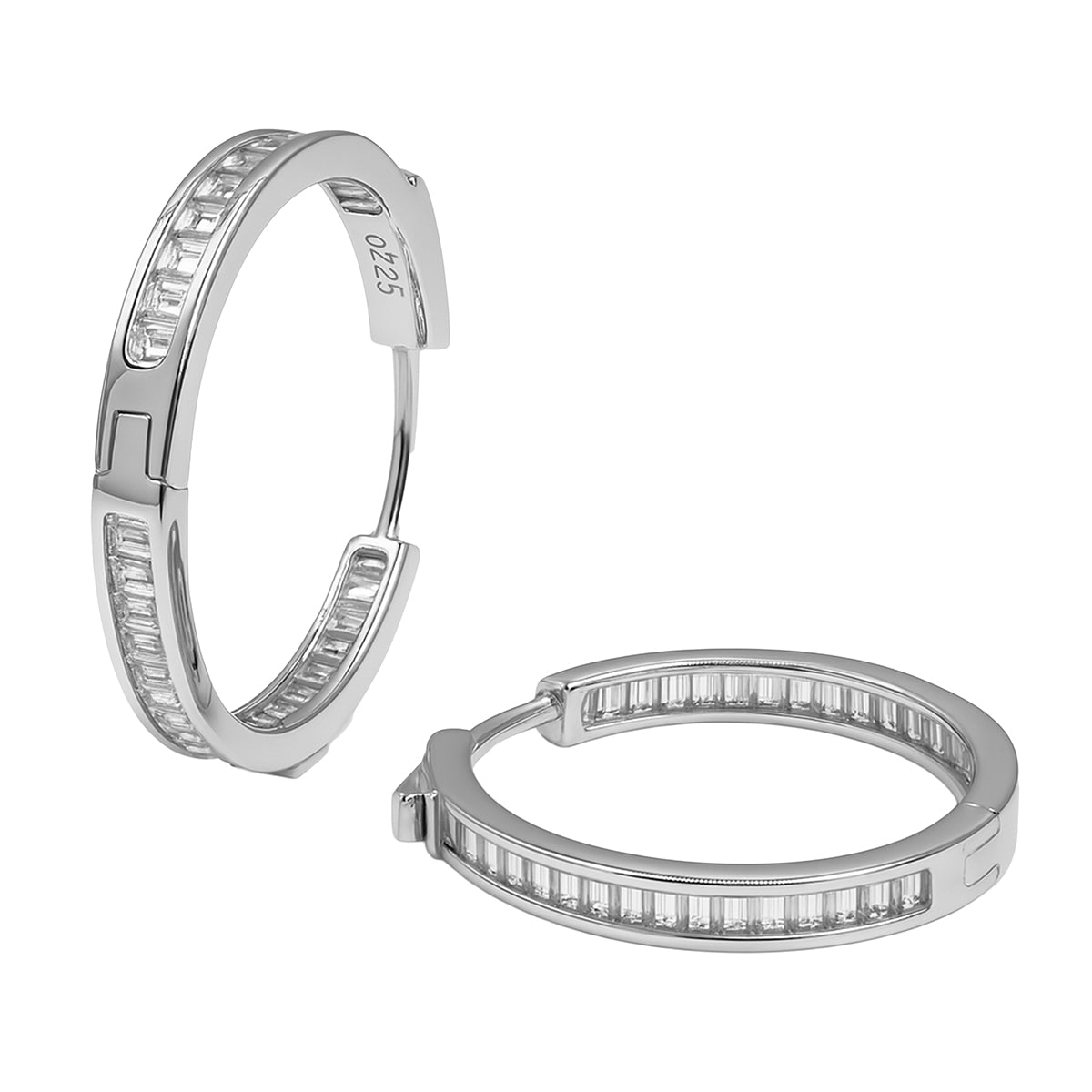 Arracadas Canalito Circonias Baguette con Broche Tipo Huggie 2.5 cm Plata .925 con Rodio