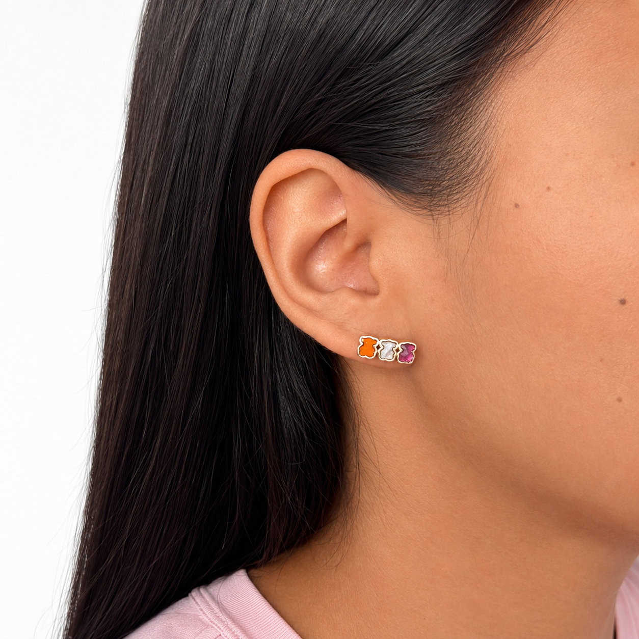 Arete Broquel Inspirado Osos 1.1Piedras Naturales, Ágata y Madre Perla Plata .925 con Baño de Rodio