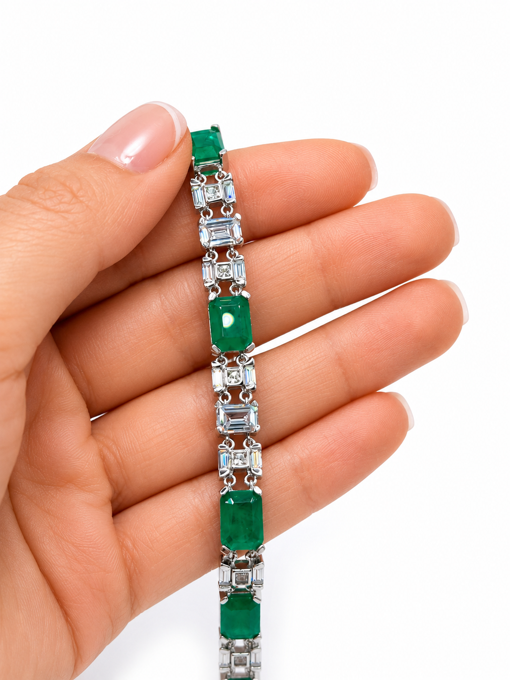 Pulsera Turmalina Rectangulos con Circonias Baguette Blancas, Plata .925 con Baño de Rodio