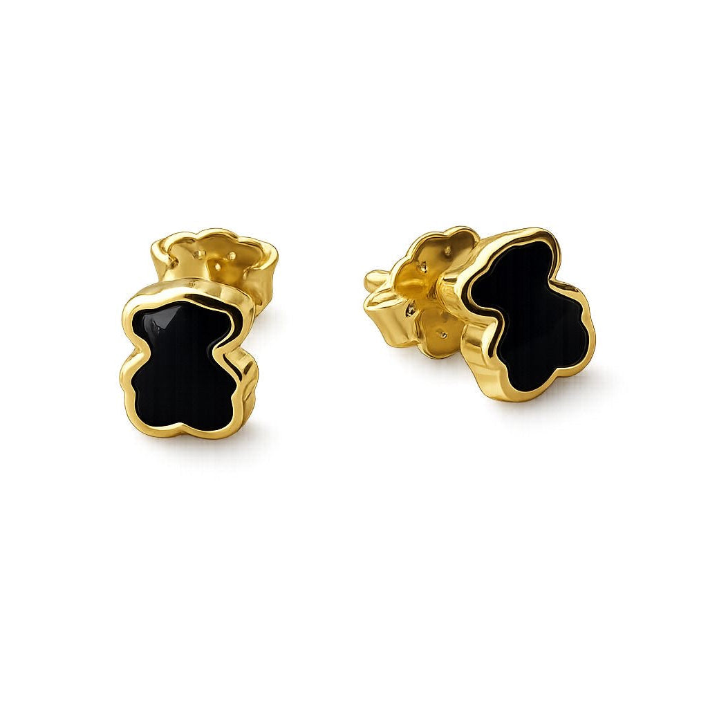 Broquel Inspirado Osos 1-1 Onix Facetado Plata .925 con Baño de Oro 18K