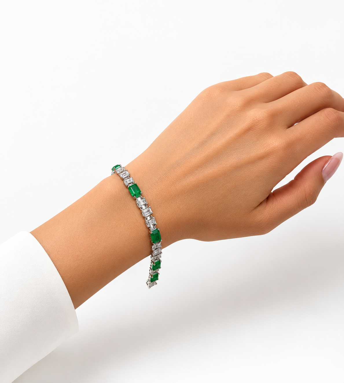 Pulsera Turmalina Rectangulos con Circonias Baguette Blancas, Plata .925 con Baño de Rodio