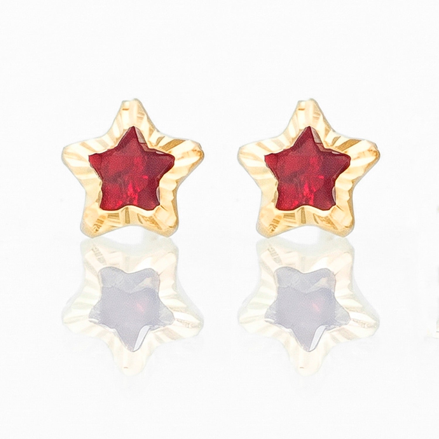 Broquel Arete Estrella Diamantada con Circonia Roja Oro 10k con Bolita