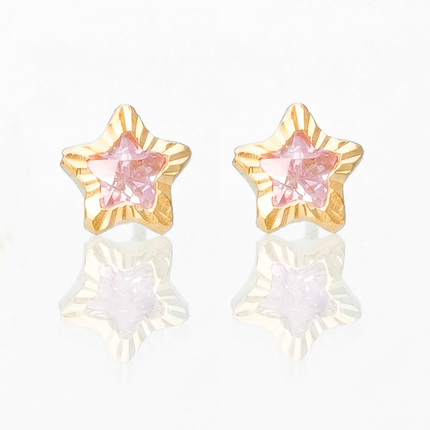 Broquel Arete Estrella Diamantada con Circonia Rosa Oro 10k con Bolita