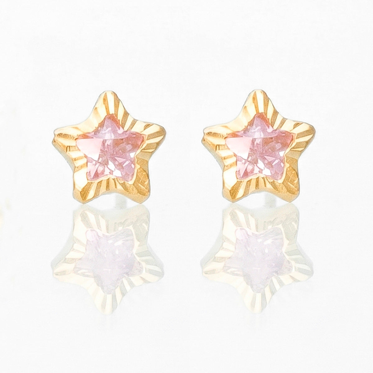 Broquel Arete Estrella Diamantada con Circonia Rosa Oro 10k con Bolita
