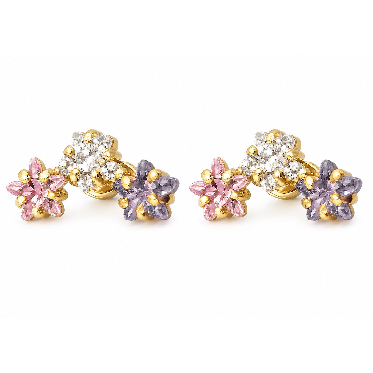 Broquel Arete 3 Estrellas con Circonias Morada, Rosa y Blanco Oro 10k con Bolita