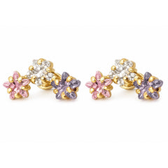 Broquel Arete 3 Estrellas con Circonias Morada, Rosa y Blanco Oro 10k con Bolita
