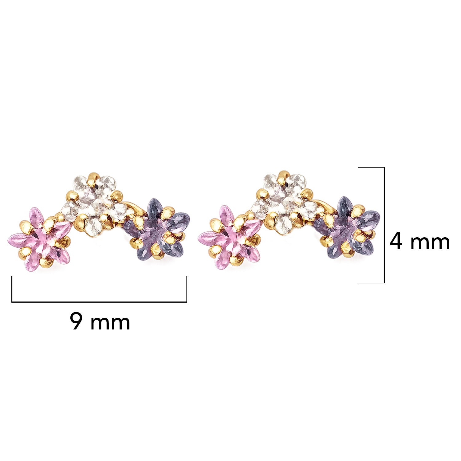 Broquel Arete 3 Estrellas con Circonias Morada, Rosa y Blanco Oro 10k con Bolita