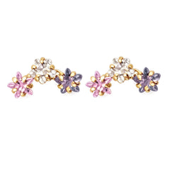 Broquel Arete 3 Estrellas con Circonias Morada, Rosa y Blanco Oro 10k con Bolita