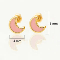 Broquel Arete Luna con Esmalte Rosa Oro 10k con Bolita