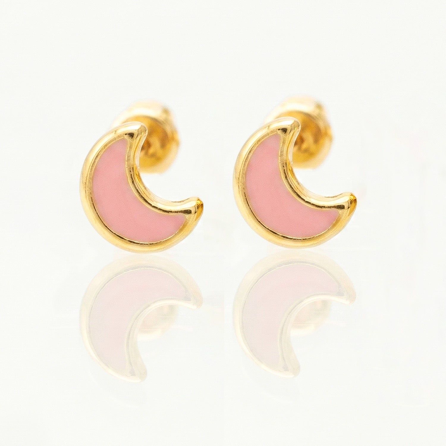 Broquel Arete Luna con Esmalte Rosa Oro 10k con Bolita