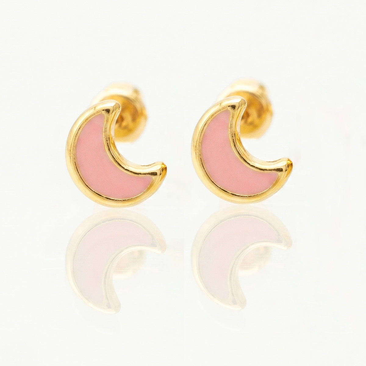 Broquel Arete Luna con Esmalte Rosa Oro 10k con Bolita