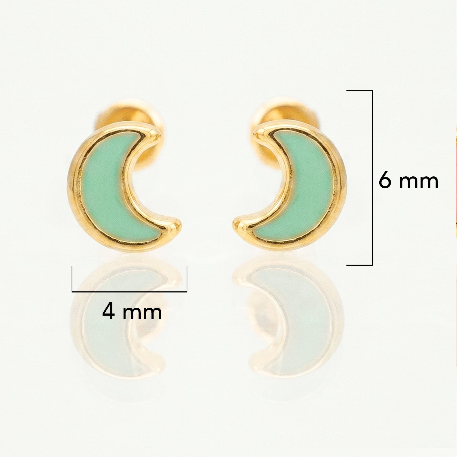 Broquel Arete Luna con Esmalte Verde Agua Oro 10k con Bolita