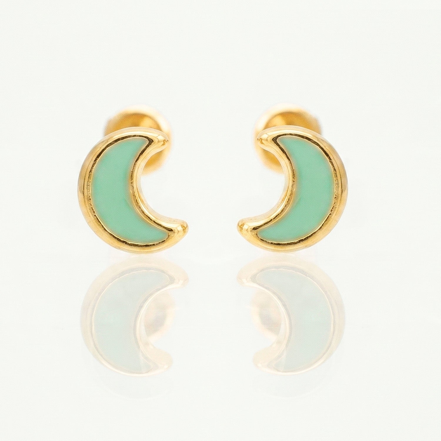 Broquel Arete Luna con Esmalte Verde Agua Oro 10k con Bolita