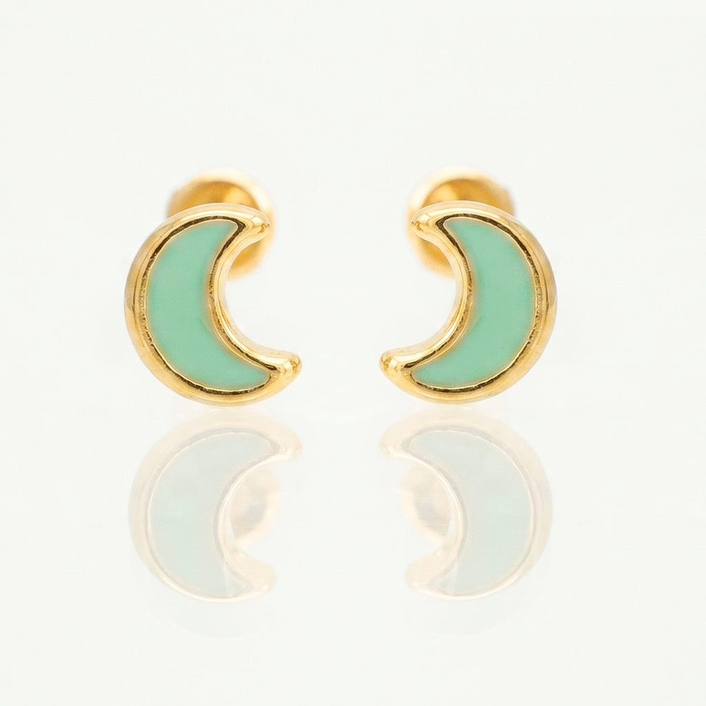 Broquel Arete Luna con Esmalte Verde Agua Oro 10k con Bolita