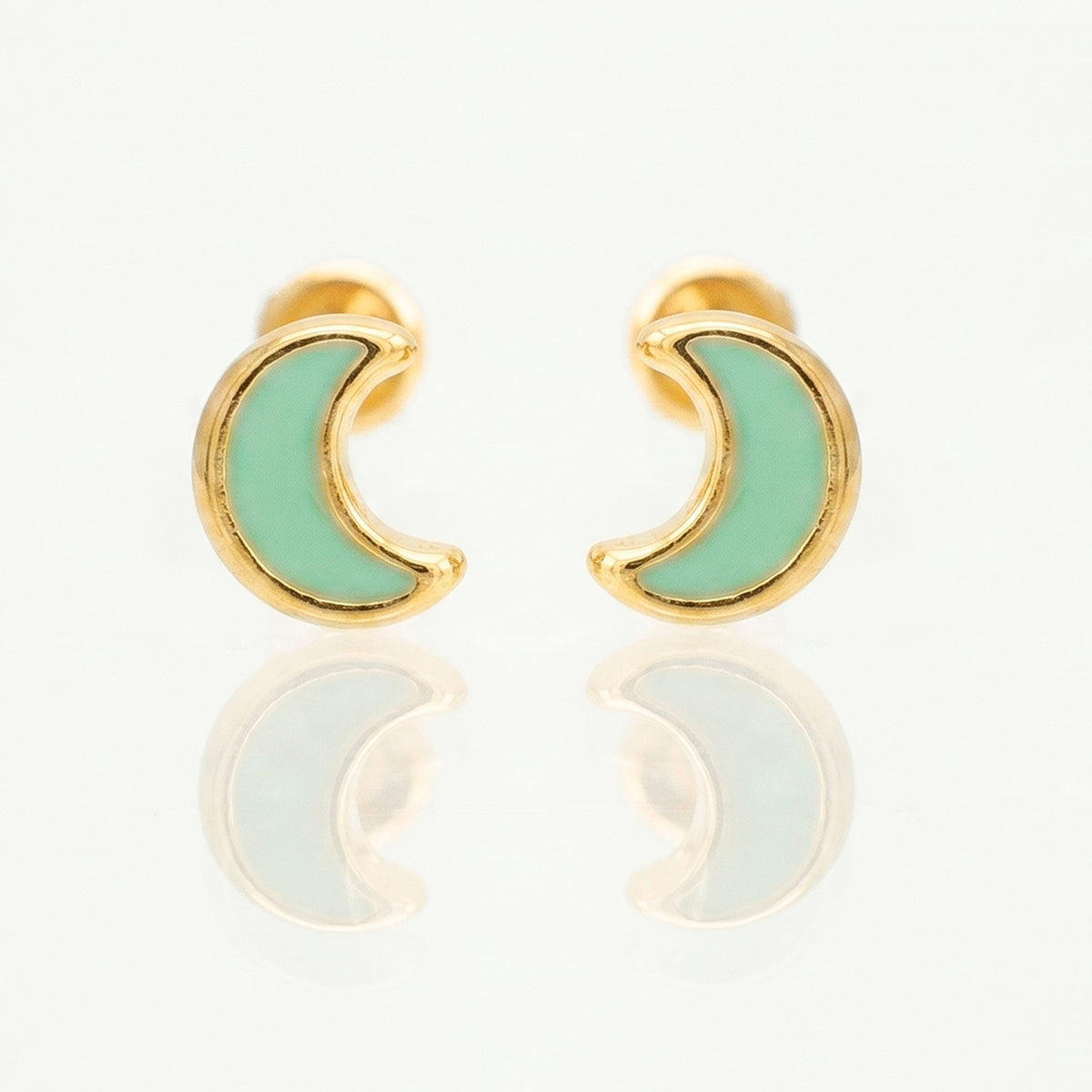 Broquel Arete Luna con Esmalte Verde Agua Oro 10k con Bolita