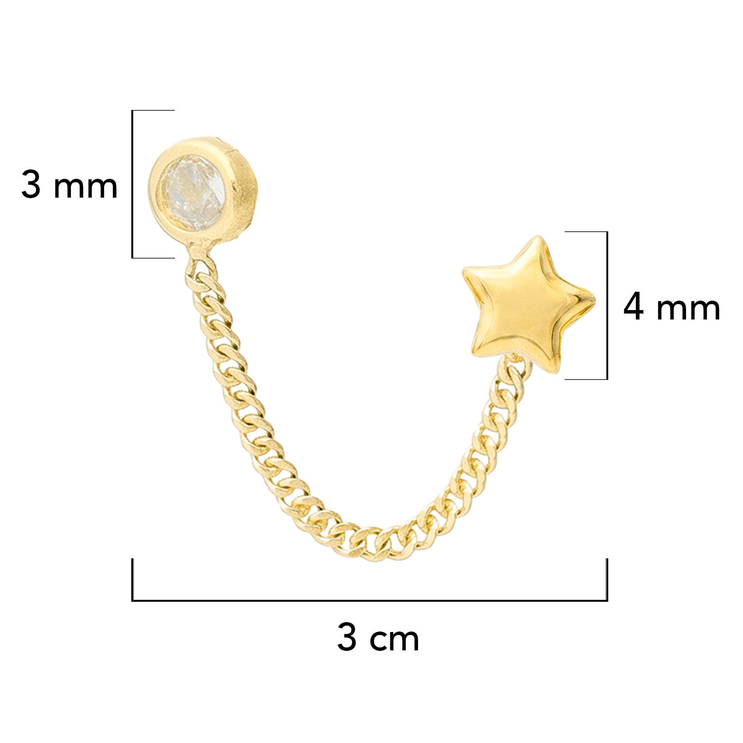 Arete Piercing Doble Estrella con Cadena y Circonia Oro 10k con Bolita