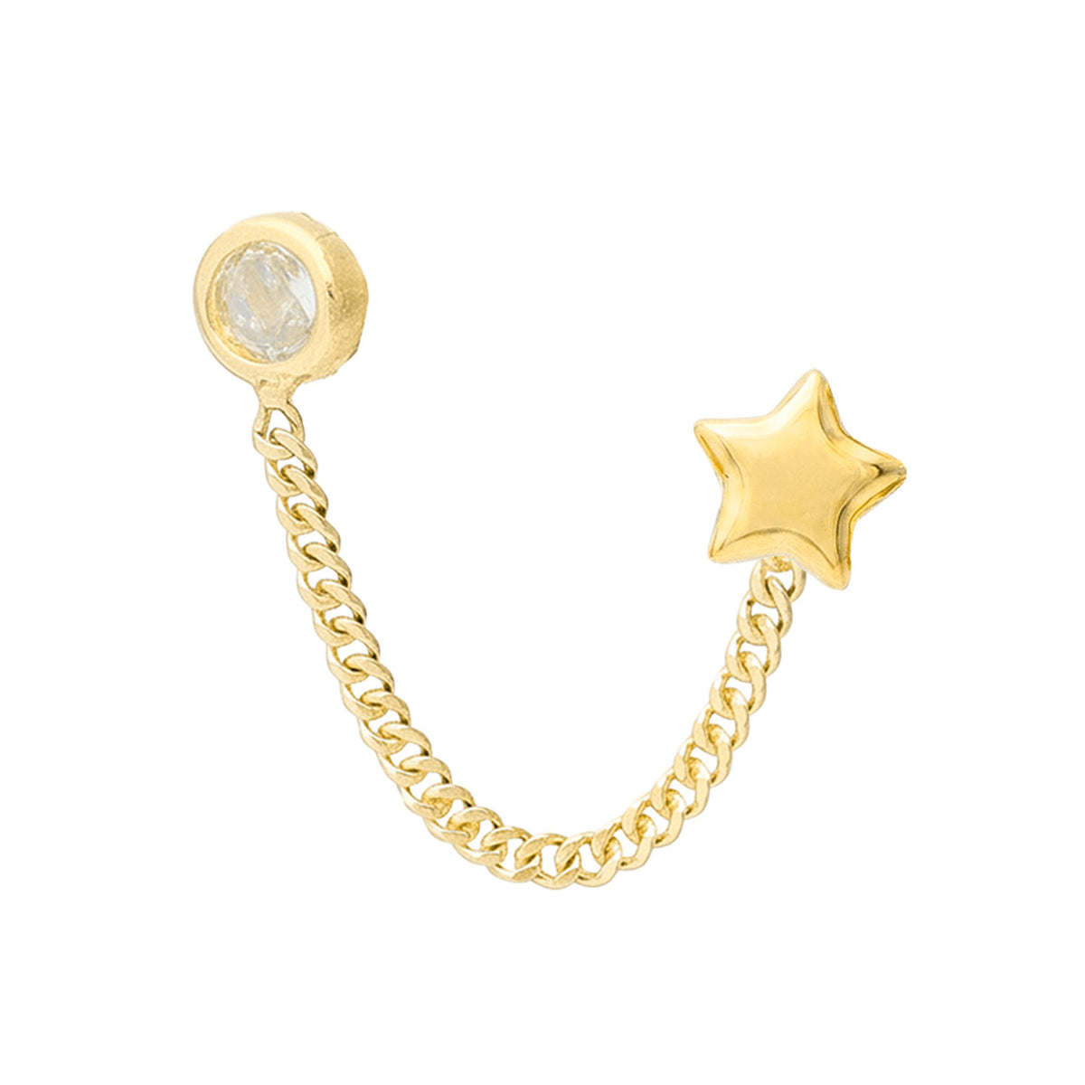 Arete Piercing Doble Estrella con Cadena y Circonia Oro 10k con Bolita
