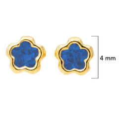Broquel Arete Flor Biselada con Circonia Azul Oro 10k con Bolita