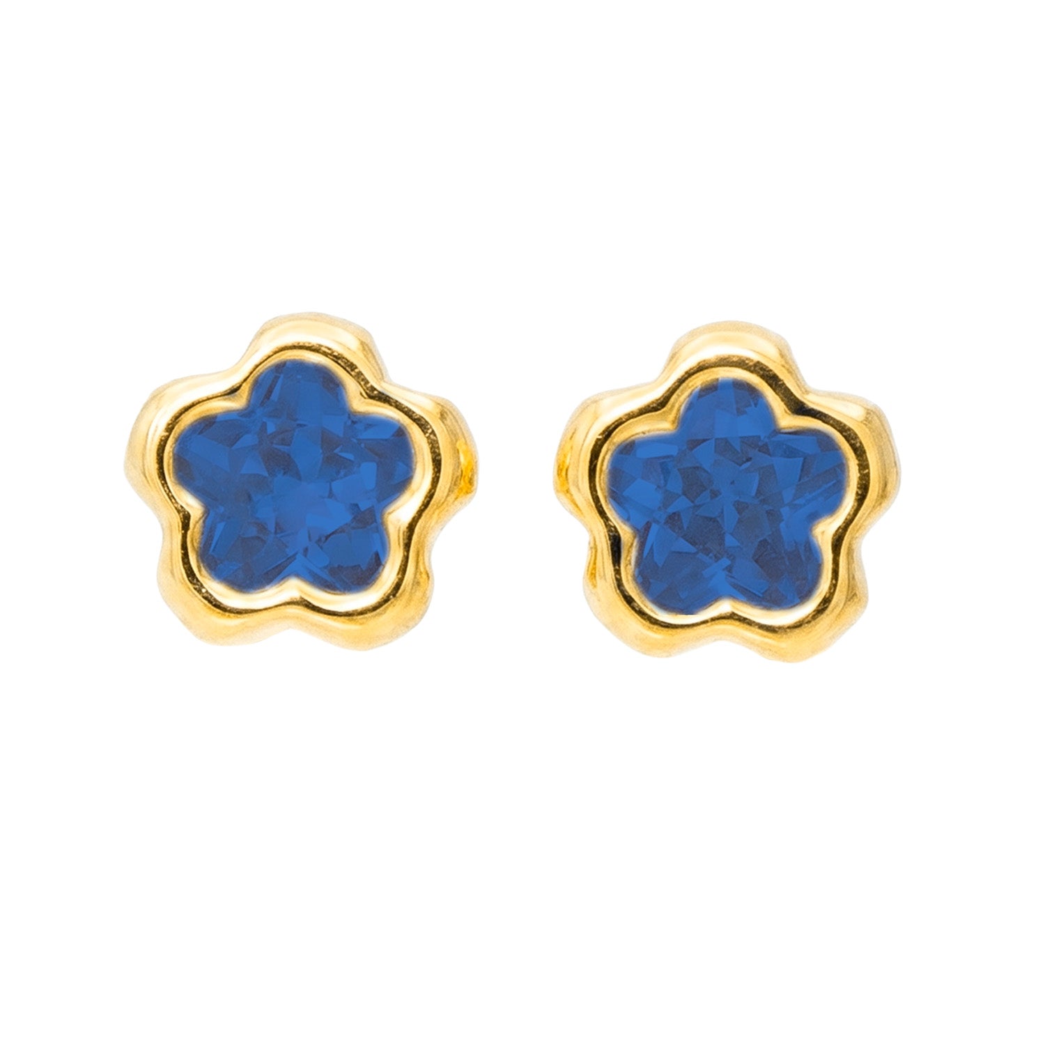 Broquel Arete Flor Biselada con Circonia Azul Oro 10k con Bolita