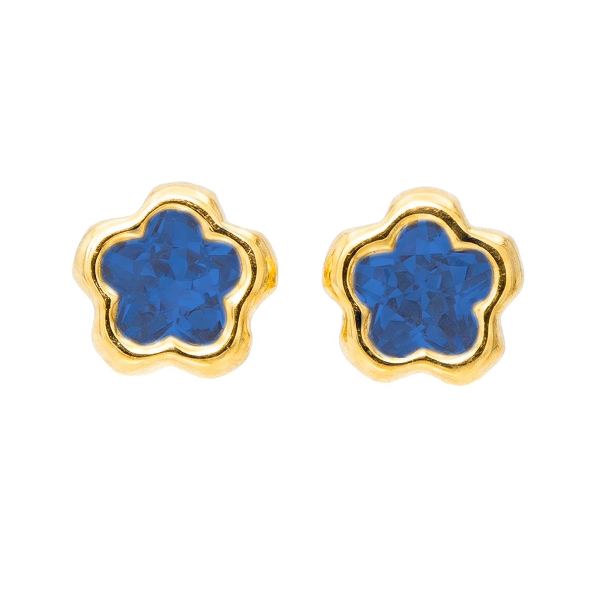 Broquel Arete Flor Biselada con Circonia Azul Oro 10k con Bolita