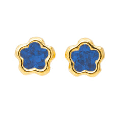 Broquel Arete Flor Biselada con Circonia Azul Oro 10k con Bolita