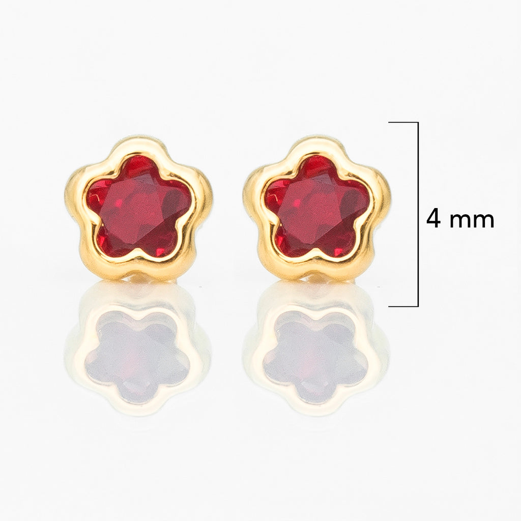 Broquel Arete Flor Biselada con Circonia Roja Oro 10k con Bolita