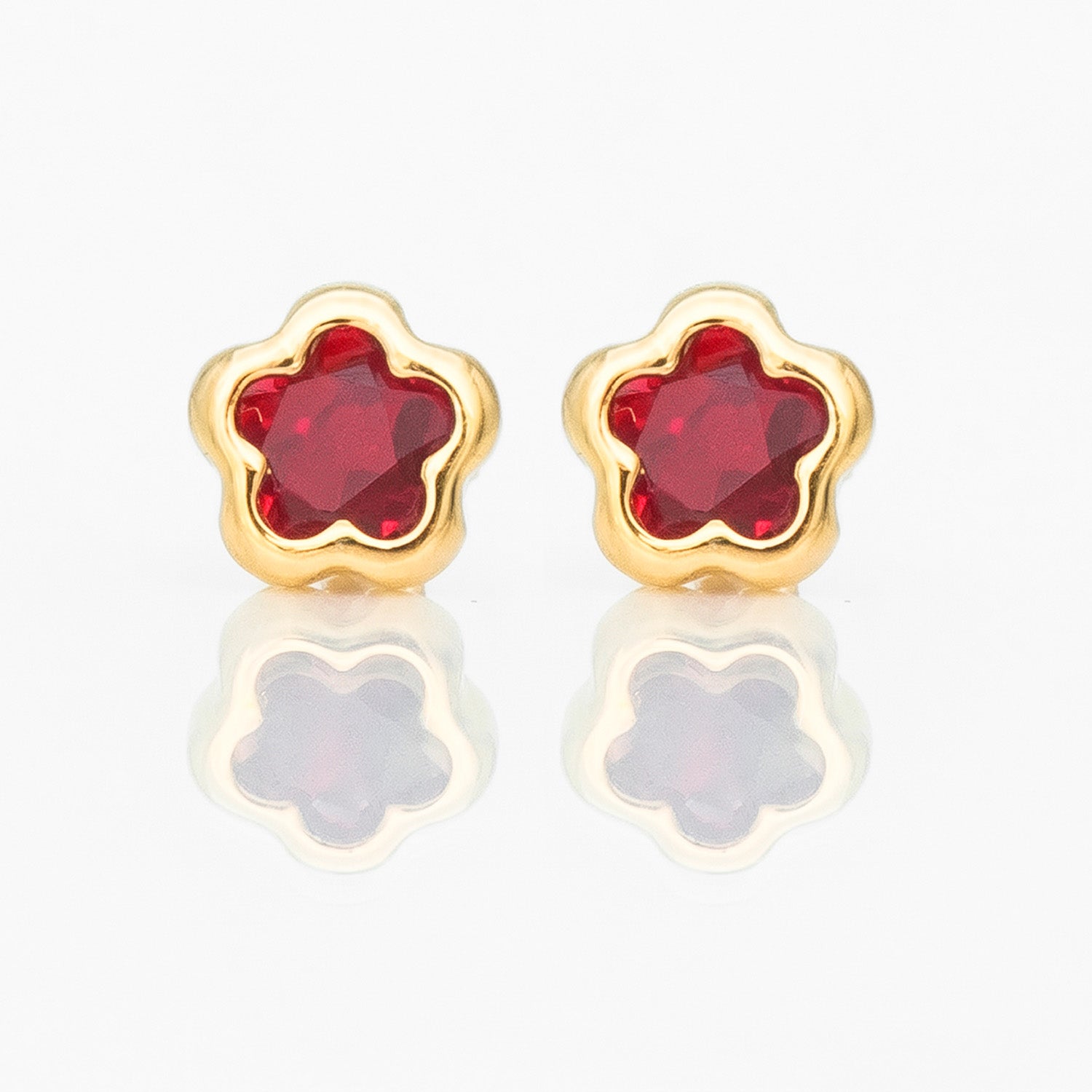Broquel Arete Flor Biselada con Circonia Roja Oro 10k con Bolita